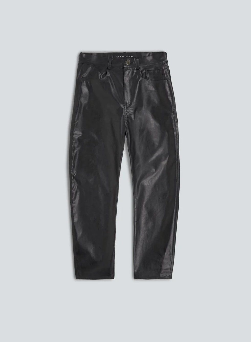 Black leather straight-leg trousers, flat lay on pale grey-blue background