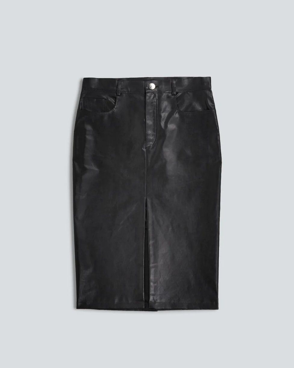 Black leather pencil skirt with front slit and button waist, flat lay on pale grey-blue background