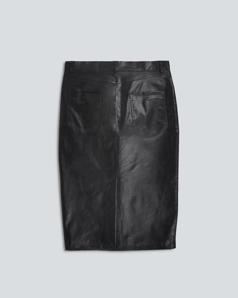 Back view of a black leather pencil skirt with back pockets, flat lay on pale grey-blue background