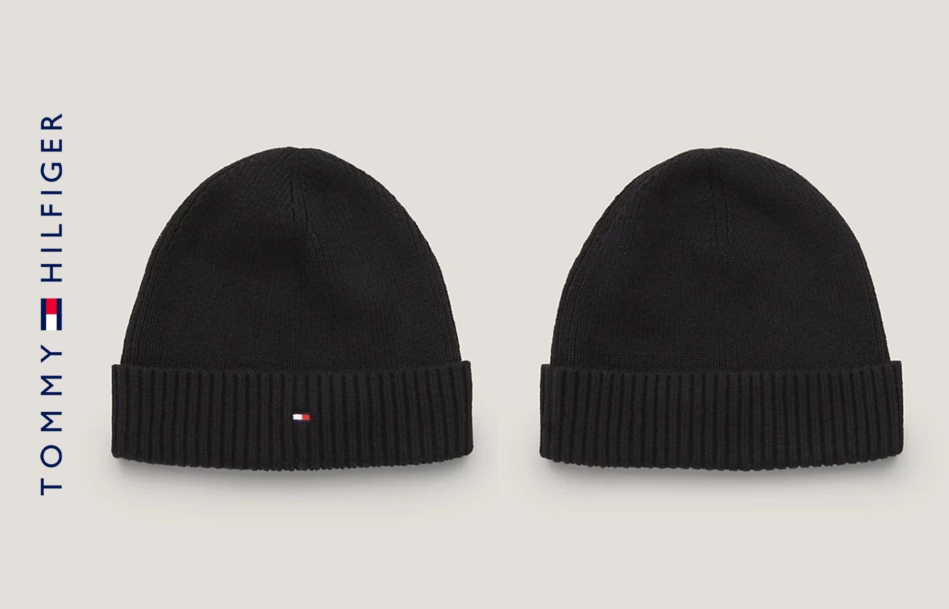 Two black ribbed beanies with small flag logo on warm grey background, Tommy Hilfiger