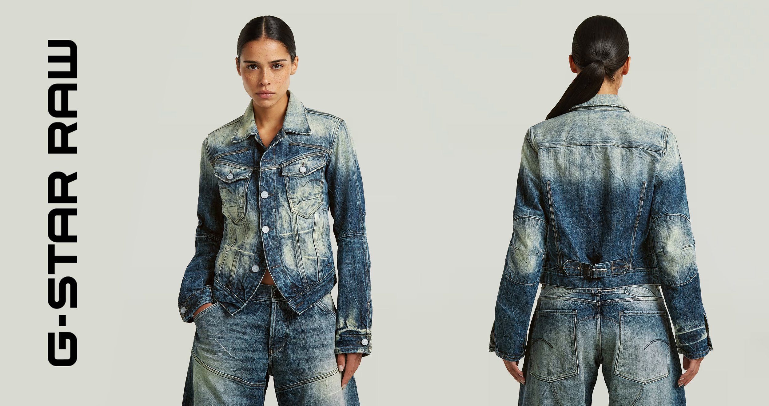 Front and back views of a worn blue faded denim jacket on a model, with the G-Star RAW logo, grey studio backdrop