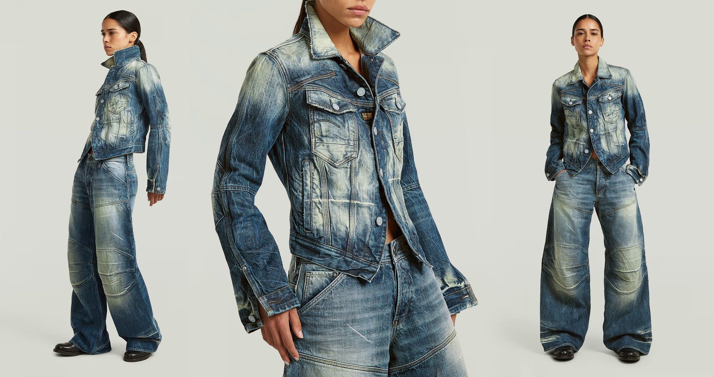 Three-panel on-model set of a faded blue denim jacket and wide-leg jeans, full length and close crop, grey backdrop