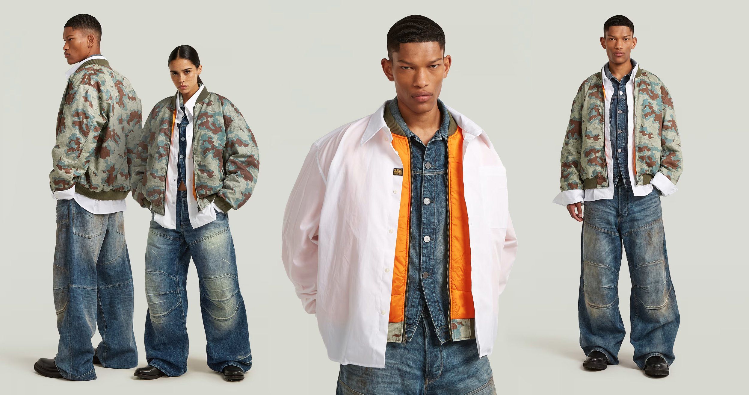 Four-panel on-model set: camouflage jackets, an orange-lined white overshirt and baggy jeans, light grey studio background