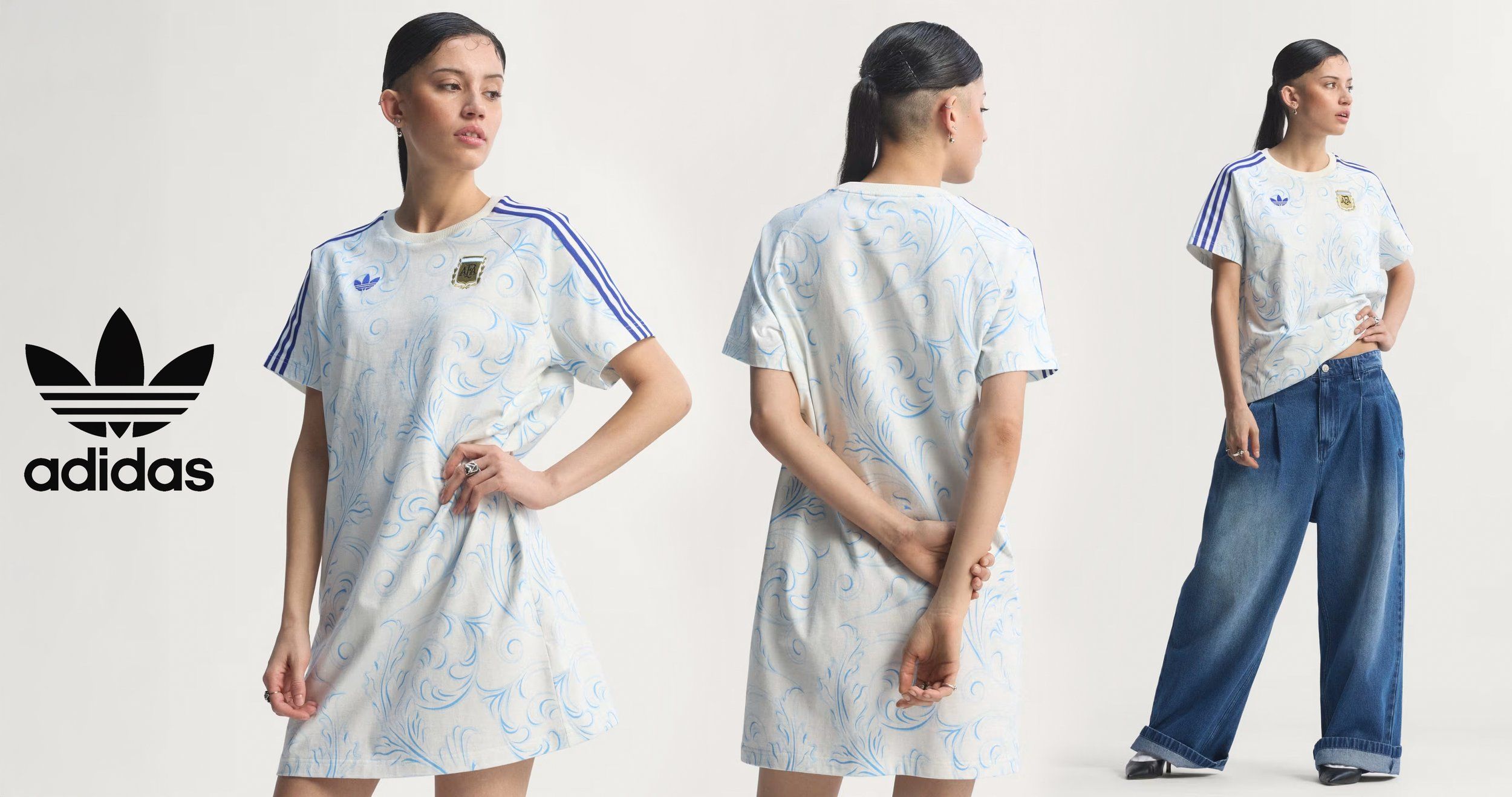 Adidas logo beside three views of a model in a pale blue patterned football-style dress with navy stripes and jeans