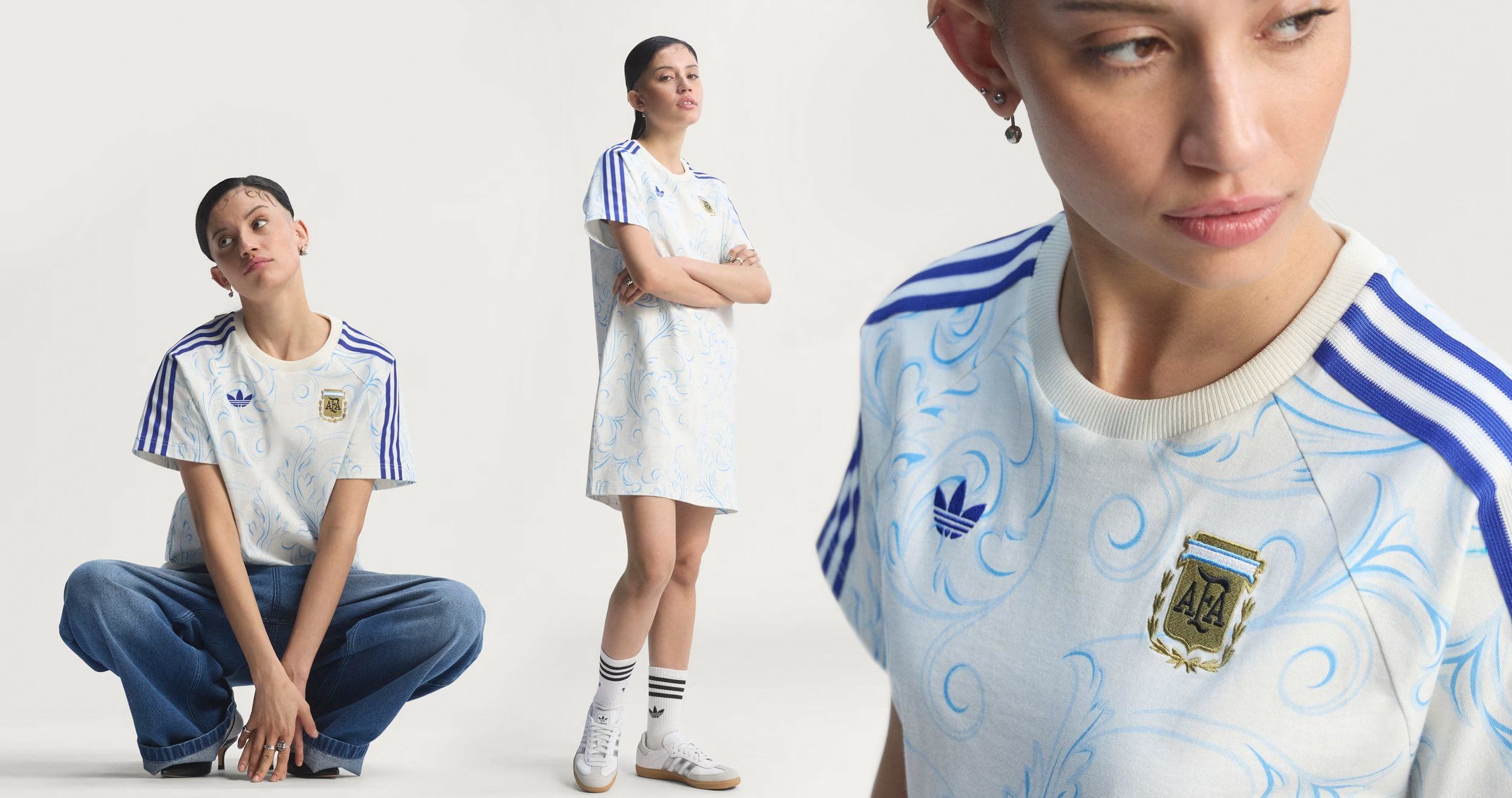 Three on-model views of a pale blue patterned adidas football-style dress and tee: crouching, standing, close-up