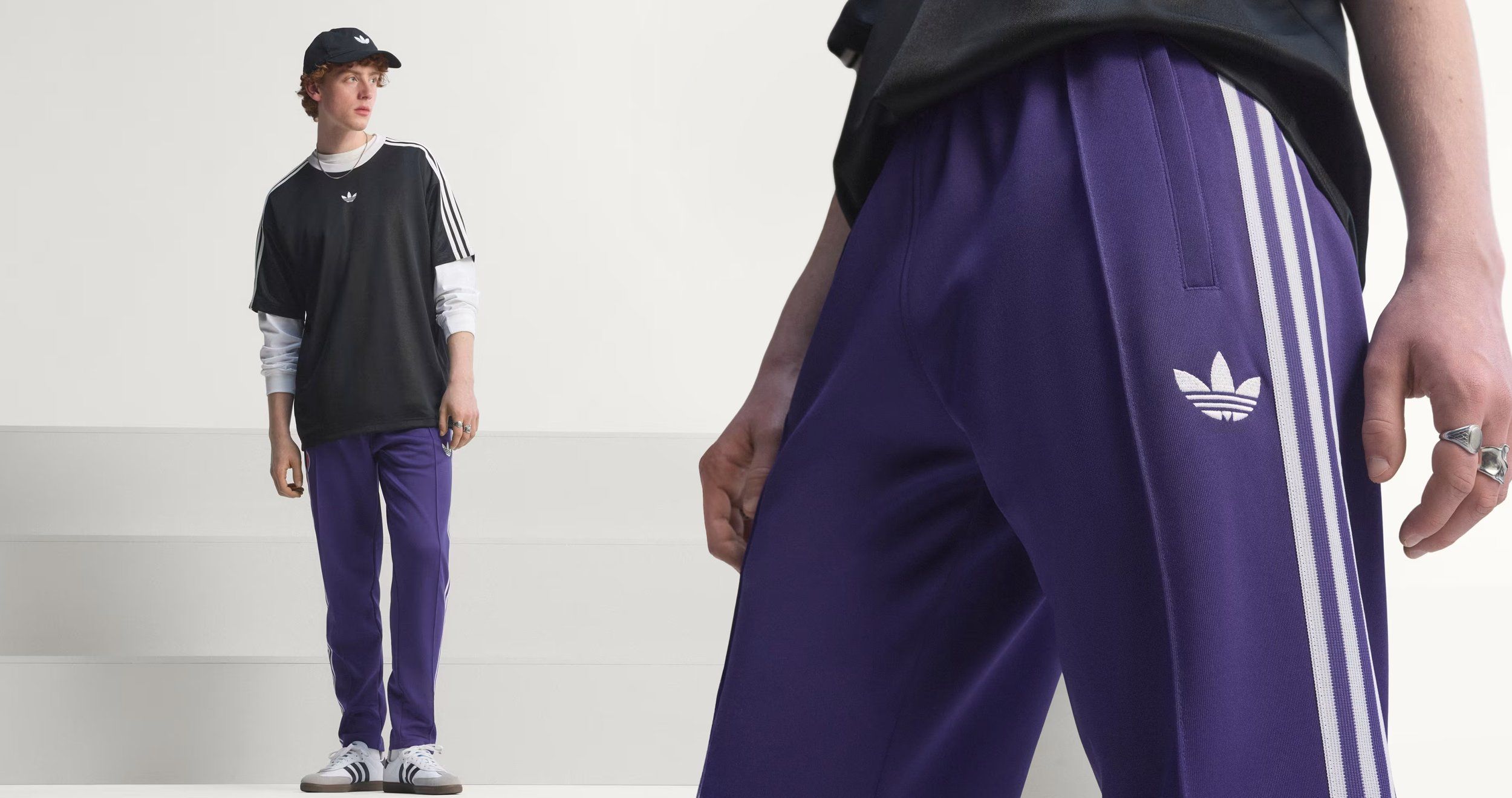 Standing model in a black tee and purple striped adidas track pants, plus a close-up of the trefoil logo on the leg