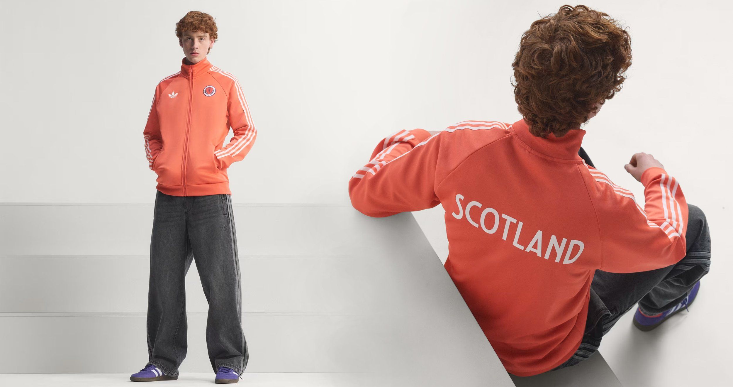 Front and back views of an orange track jacket with 'SCOTLAND' lettering on the back, worn with grey trousers and trainers