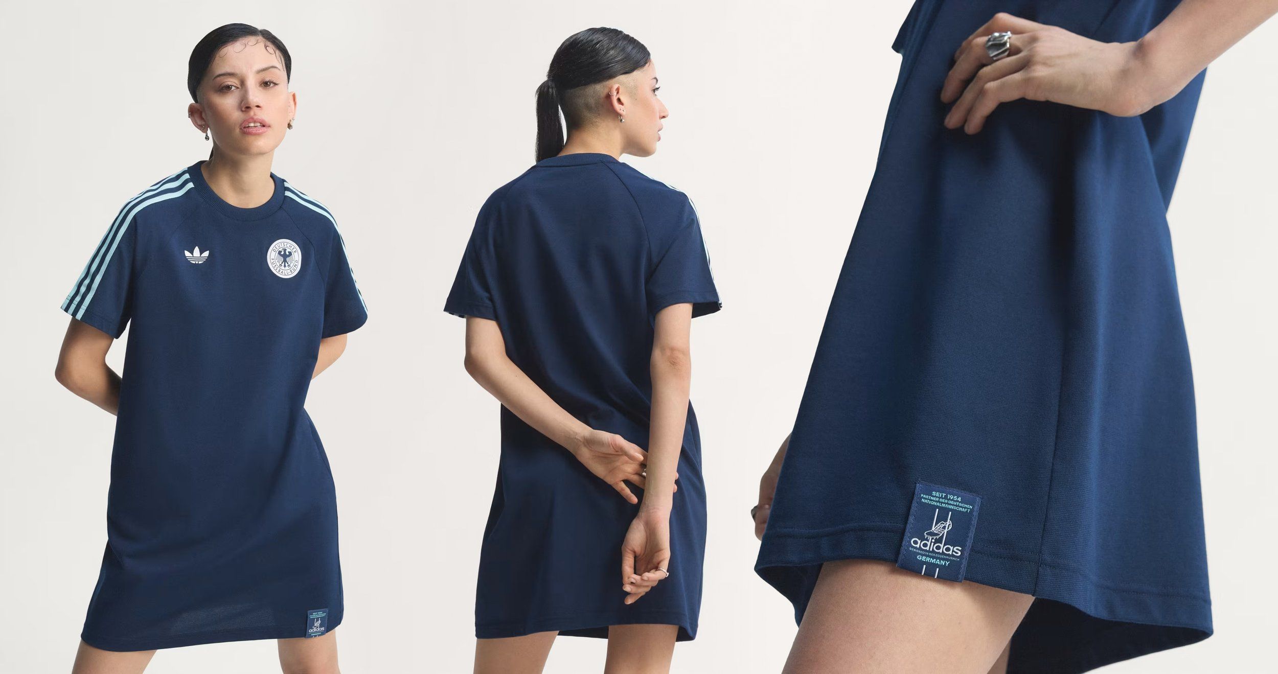 Three views of a navy adidas tee dress on a model: front with crest, back view and a close-up of the hem label