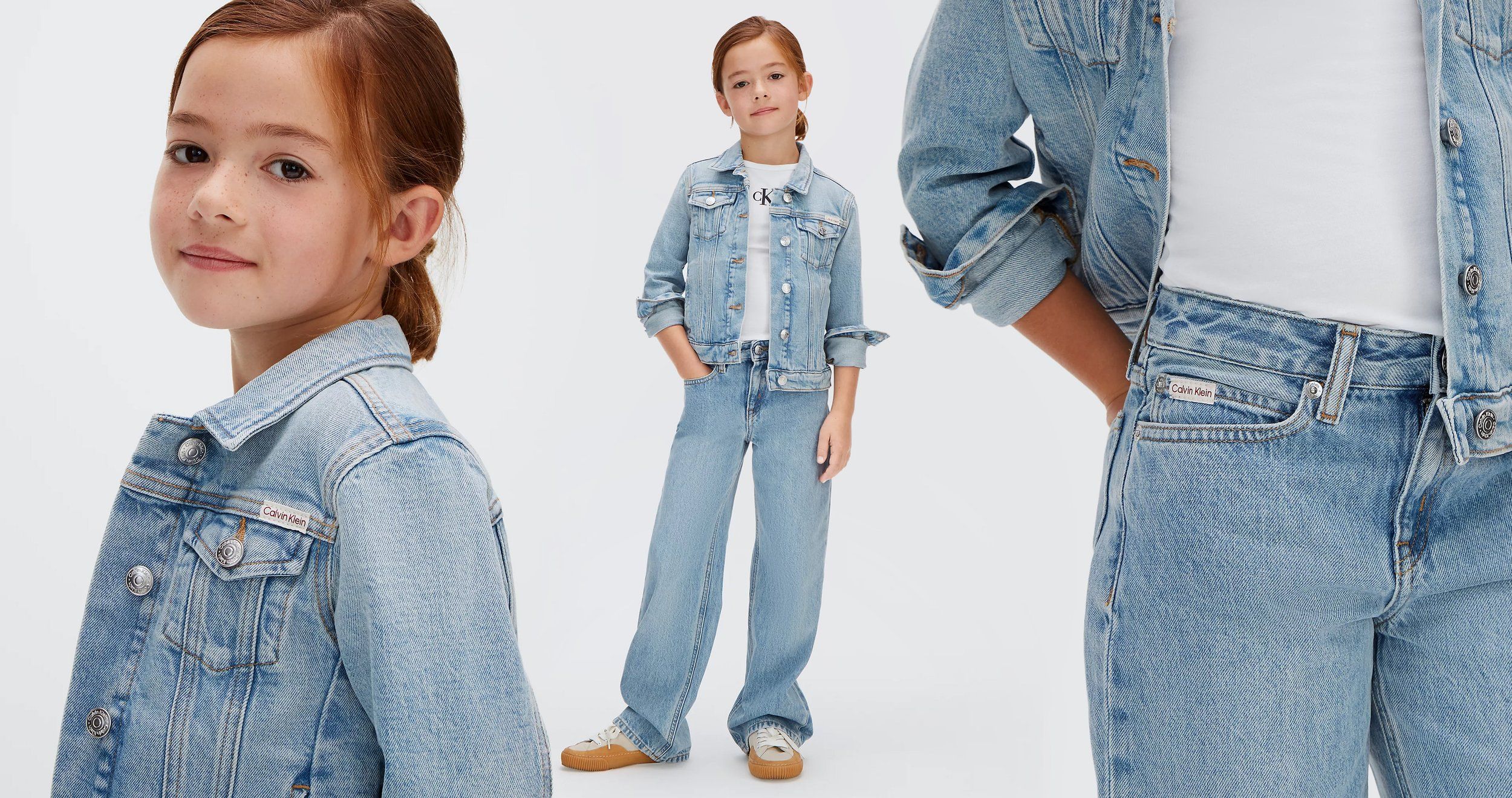 Child model in a light blue denim jacket and wide-leg jeans, with a portrait crop and a detail of the jacket and pocket