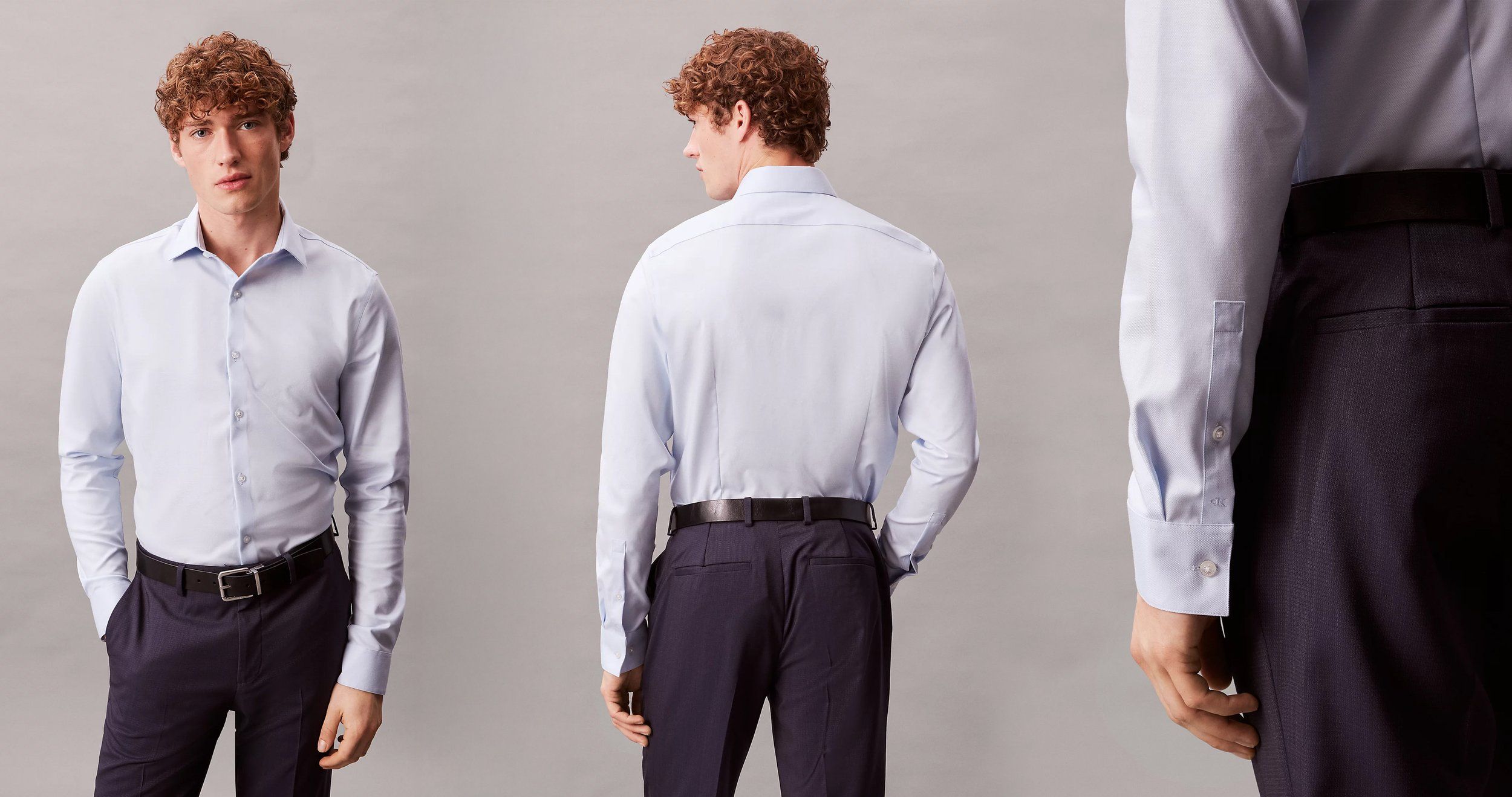 Male model in a light blue dress shirt and navy trousers with belt, shown front, back and in a sleeve detail crop