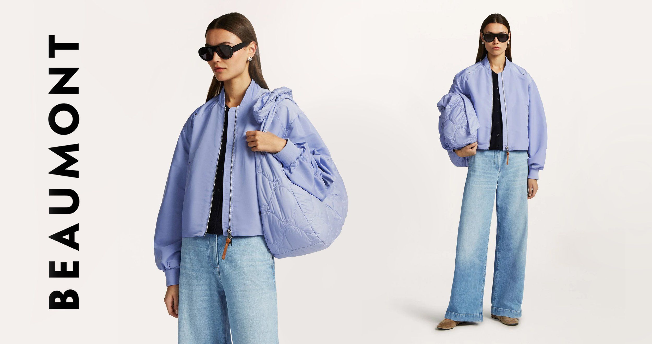 Beaumont logo beside a model in a lilac quilted bomber jacket with a matching bag, worn with light wide-leg jeans