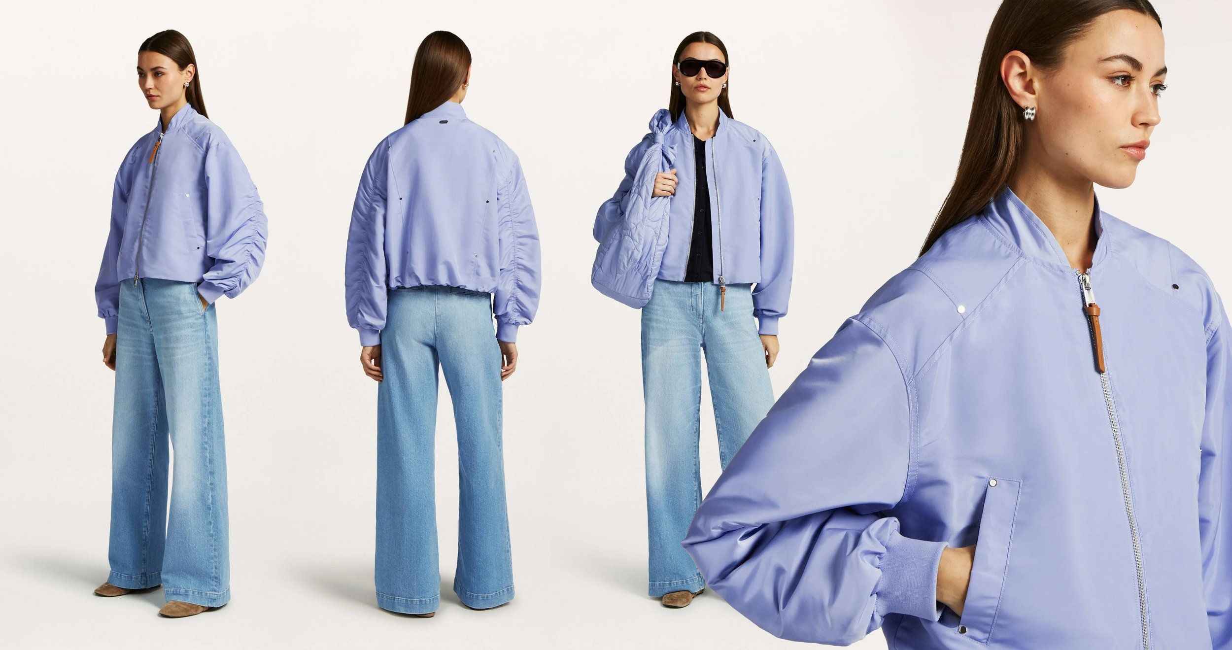 Four views of a model in a lilac bomber jacket and light blue wide-leg jeans: front, back, with bag and zip detail