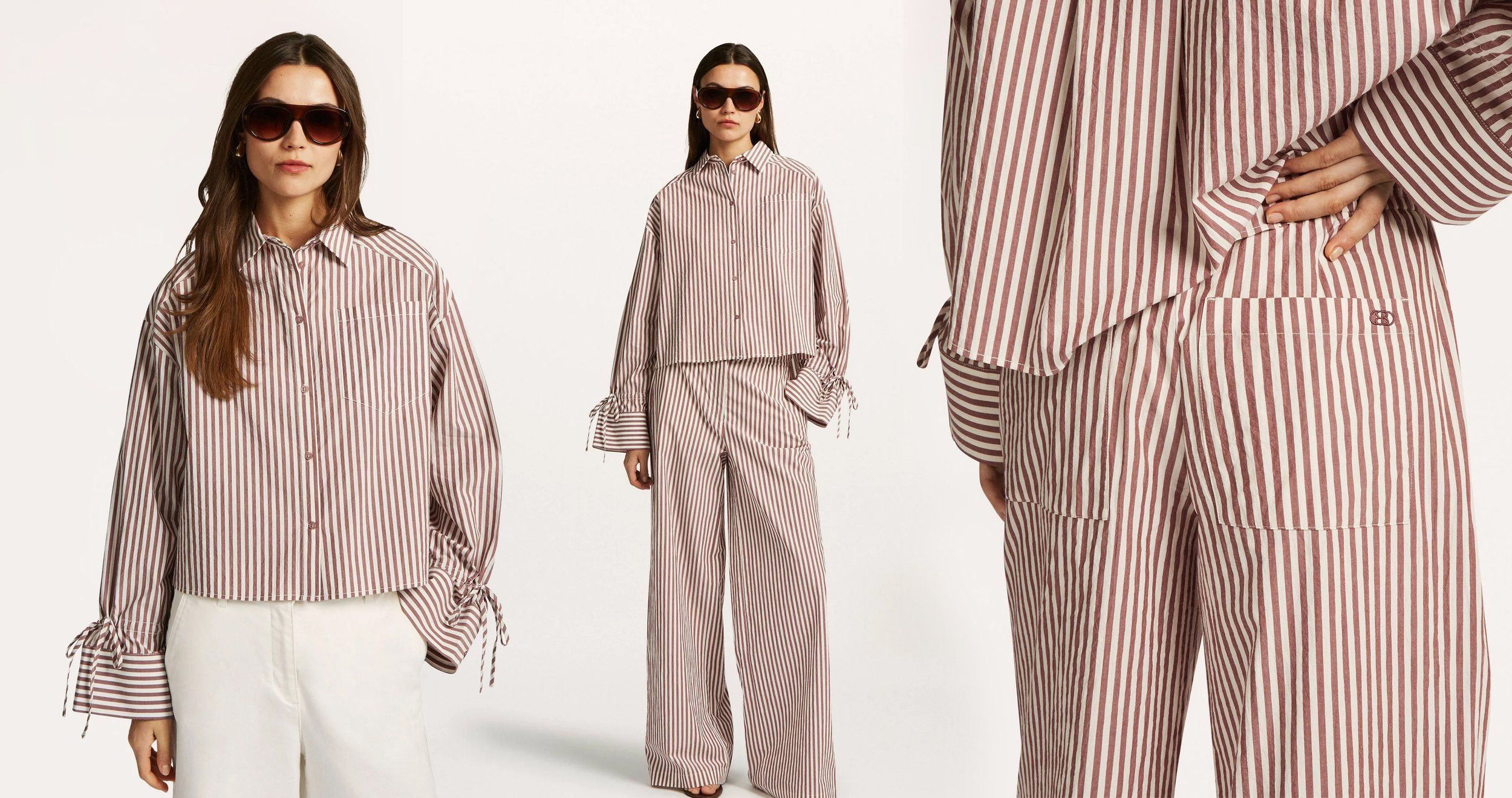 Model in a cropped brown-and-white striped shirt with tie cuffs and matching wide trousers, plus a back pocket detail