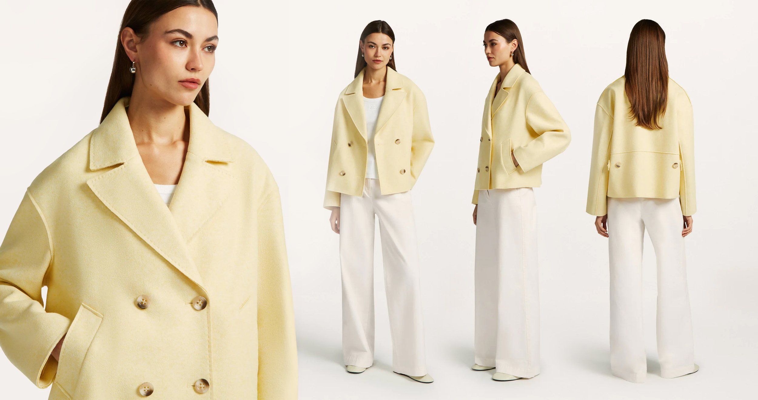 Model in a short pale yellow double-breasted jacket and white wide trousers, shown close-up, front, side and back