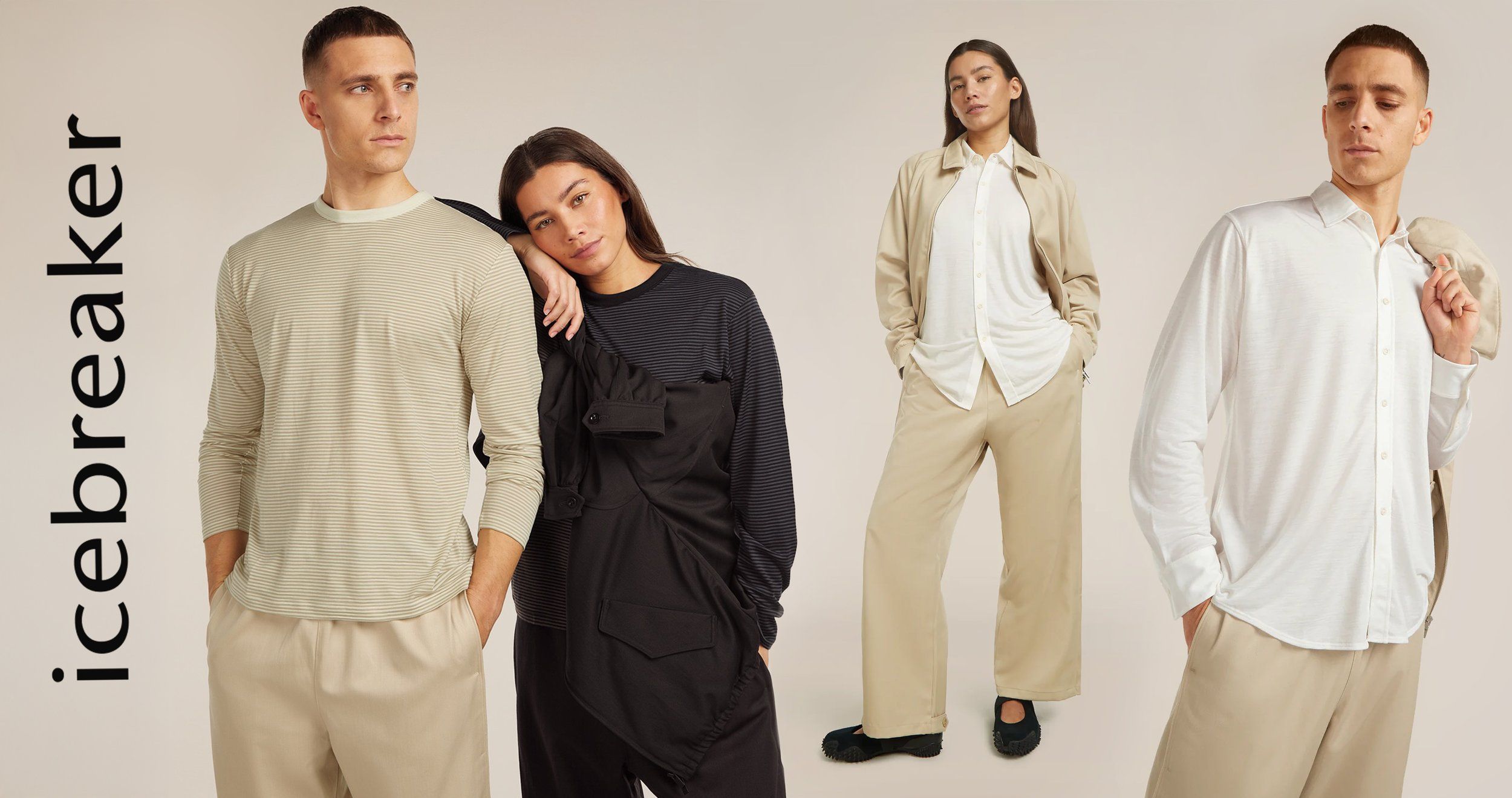 Icebreaker logo beside four models in neutral knitwear, a black layered top, an open shirt, beige trousers and a white shirt