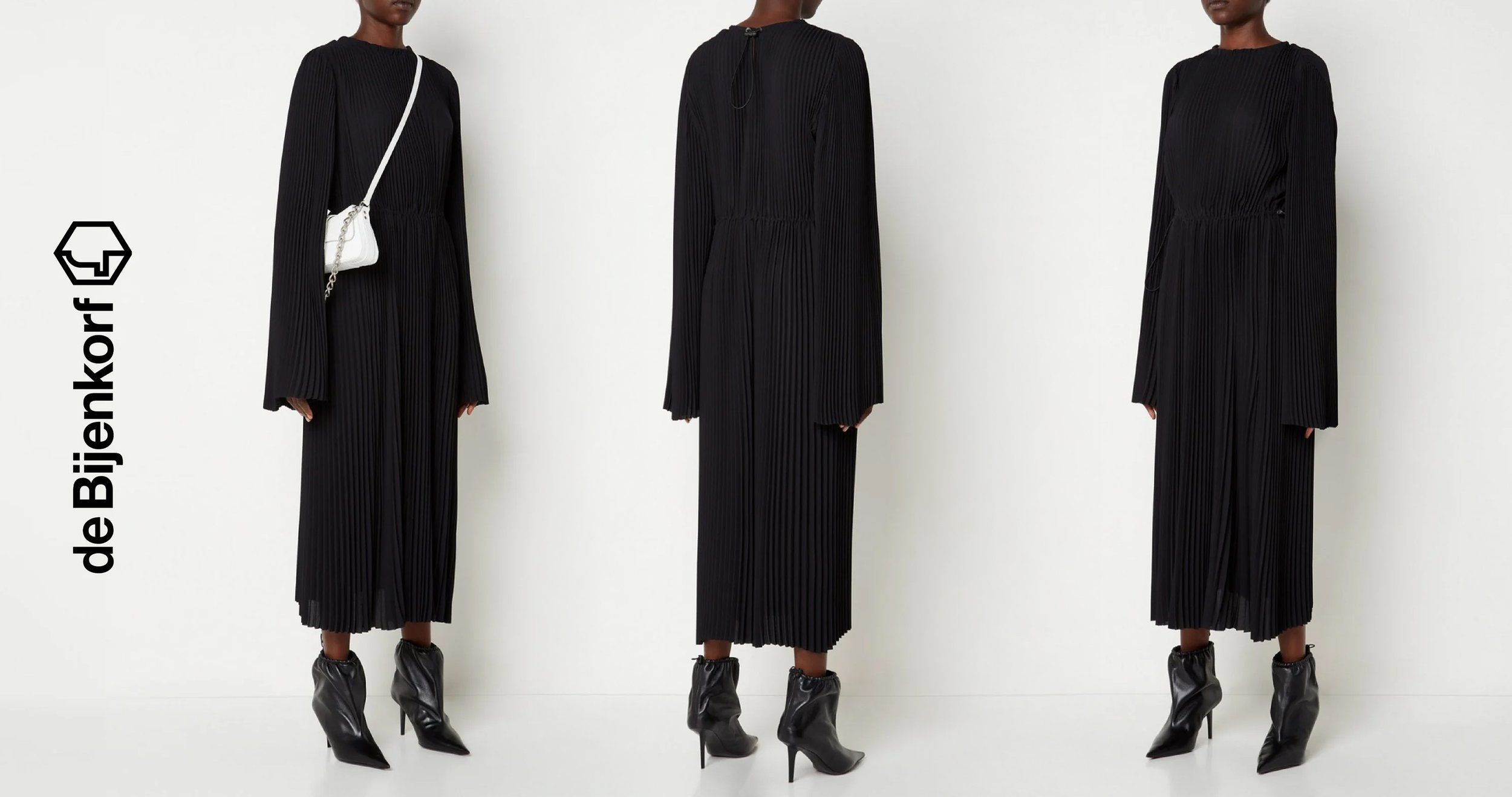 de Bijenkorf logo beside front, back and side views of a model in a black pleated midi dress with ankle boots and white bag