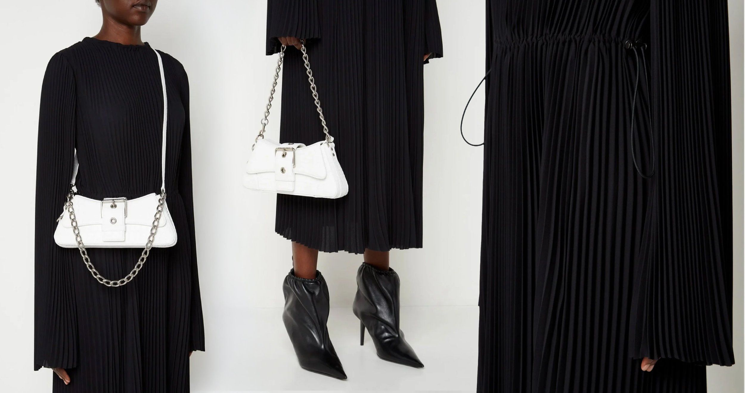 Detail panels of a black pleated dress with a white chain-strap bag, black pointed ankle boots and a waist drawstring