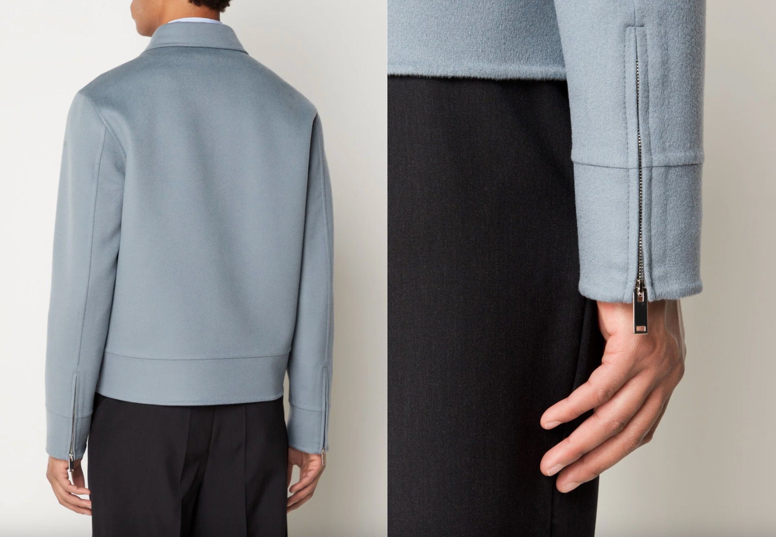 Back view and zipped cuff detail of a pale blue-grey wool jacket worn with black trousers, light grey background