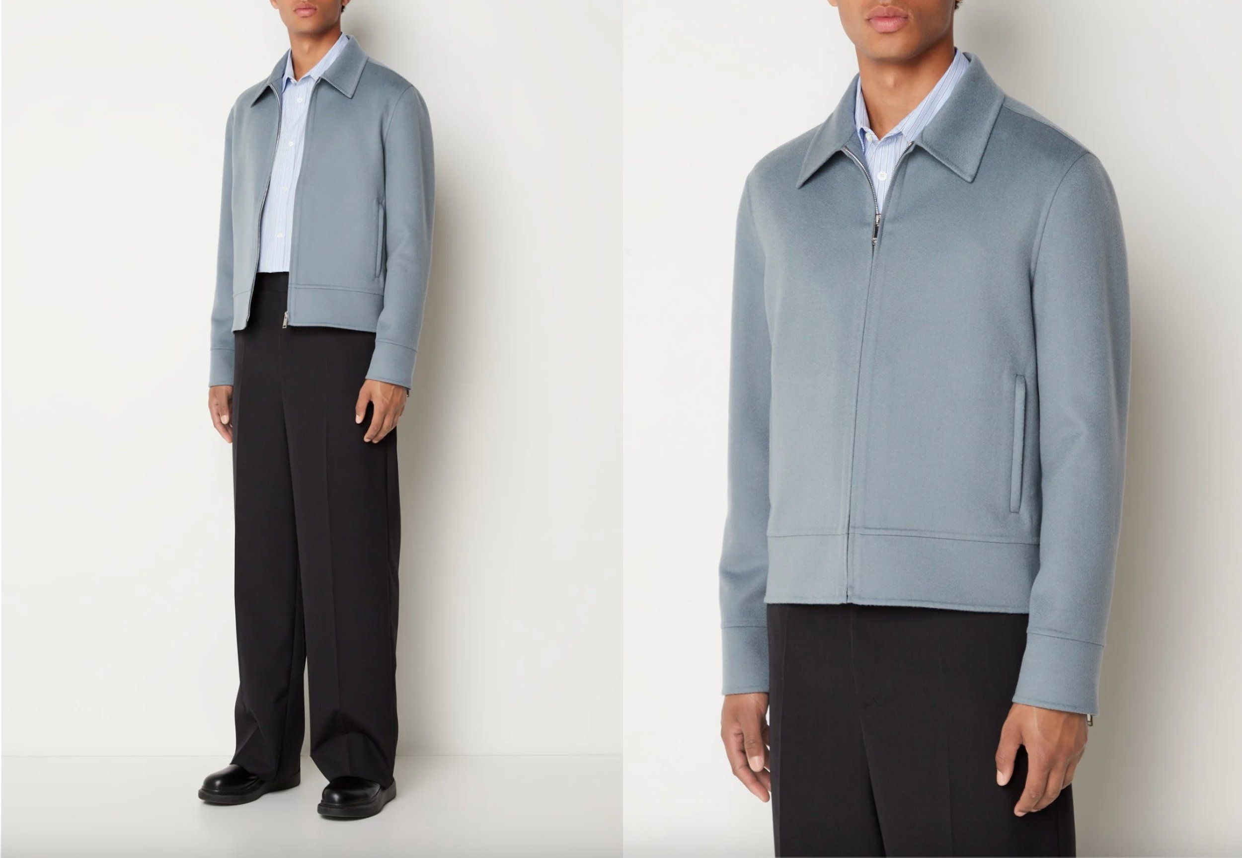 Front full-length view and close-up of a pale blue-grey wool zip jacket over a blue shirt and black trousers