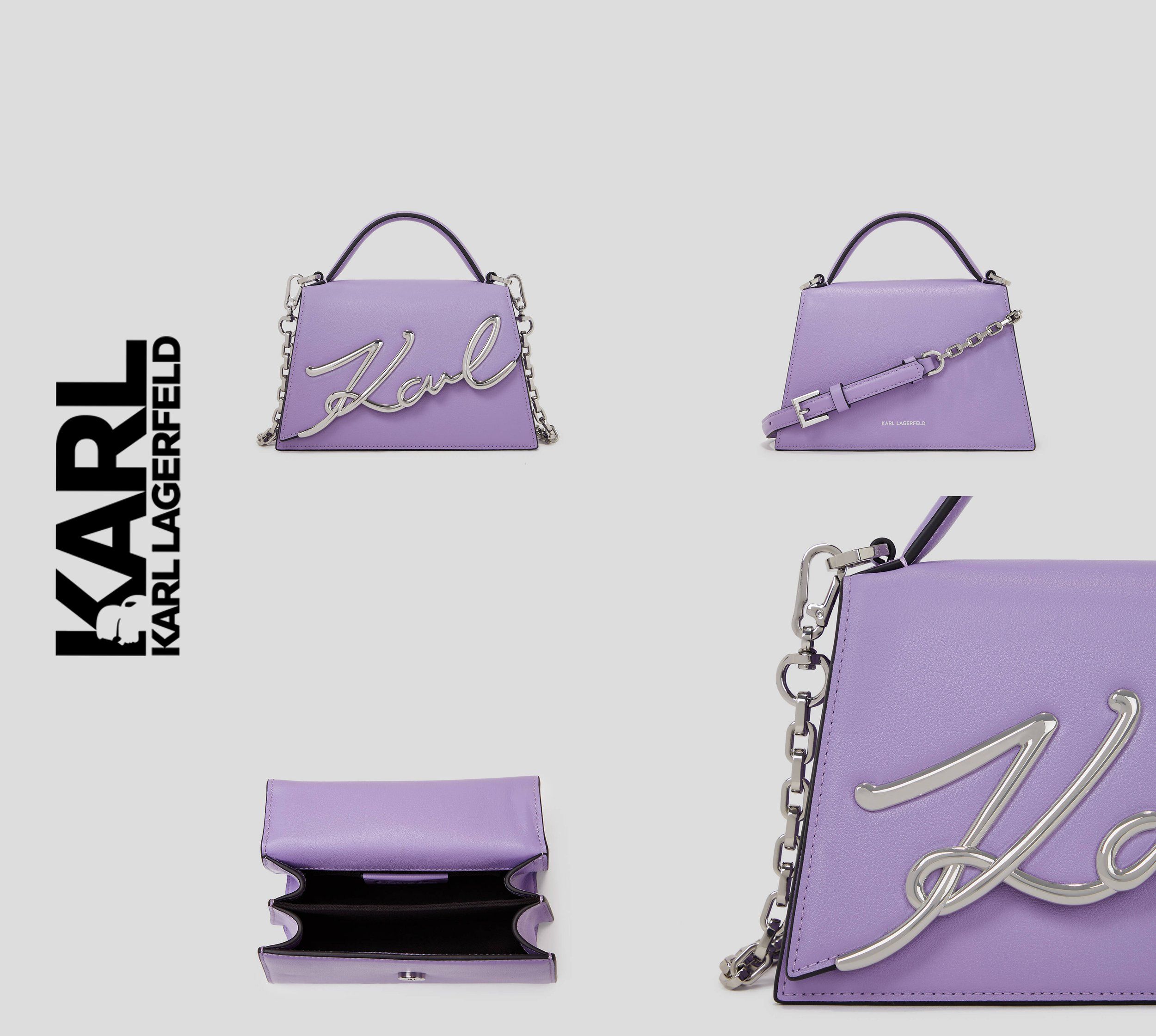 Karl Lagerfeld lilac leather handbag with silver chain strap and script logo, composite of four angles on grey