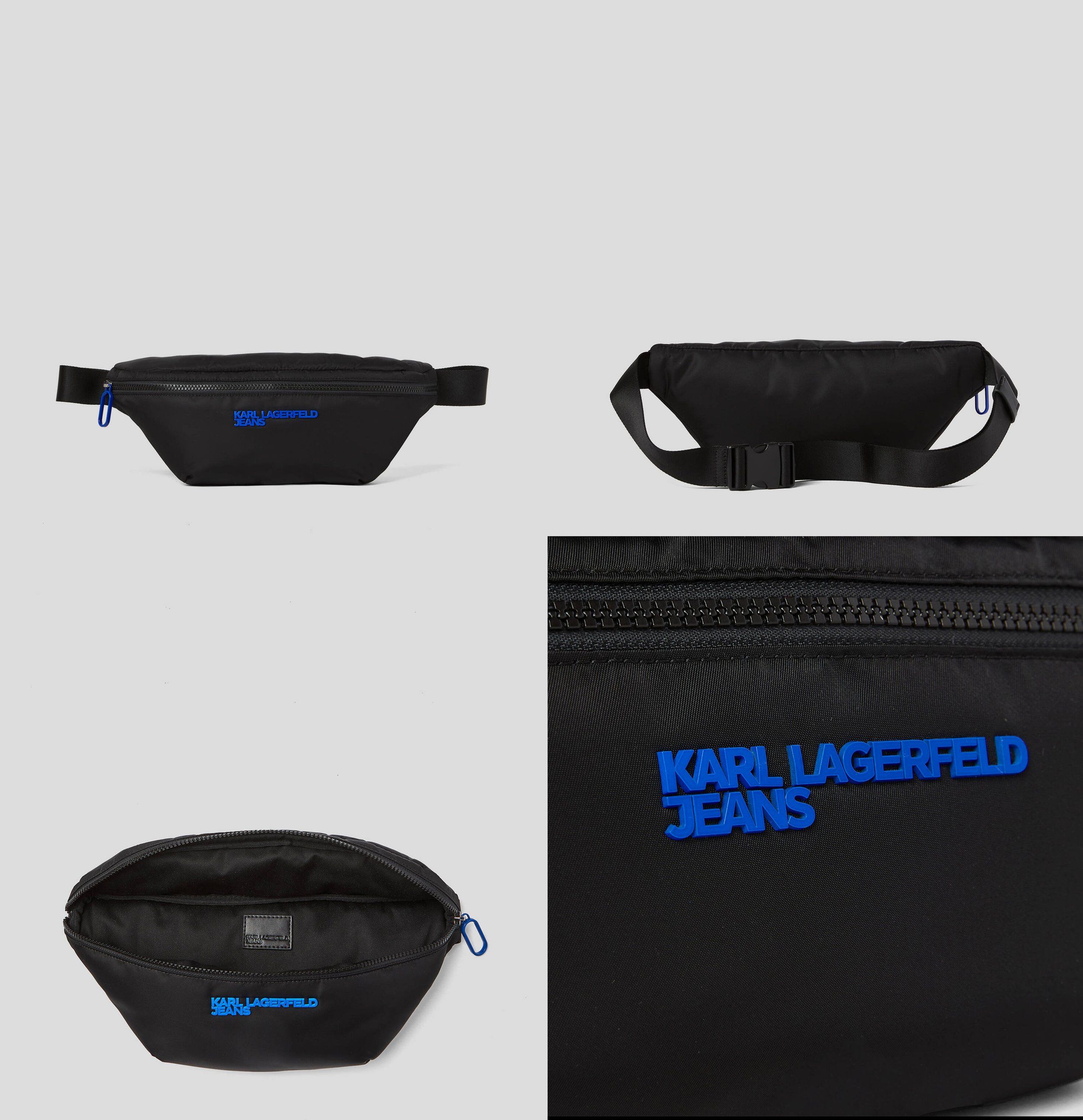 Karl Lagerfeld Jeans black nylon belt bag, composite of front, side, open interior and logo detail on grey