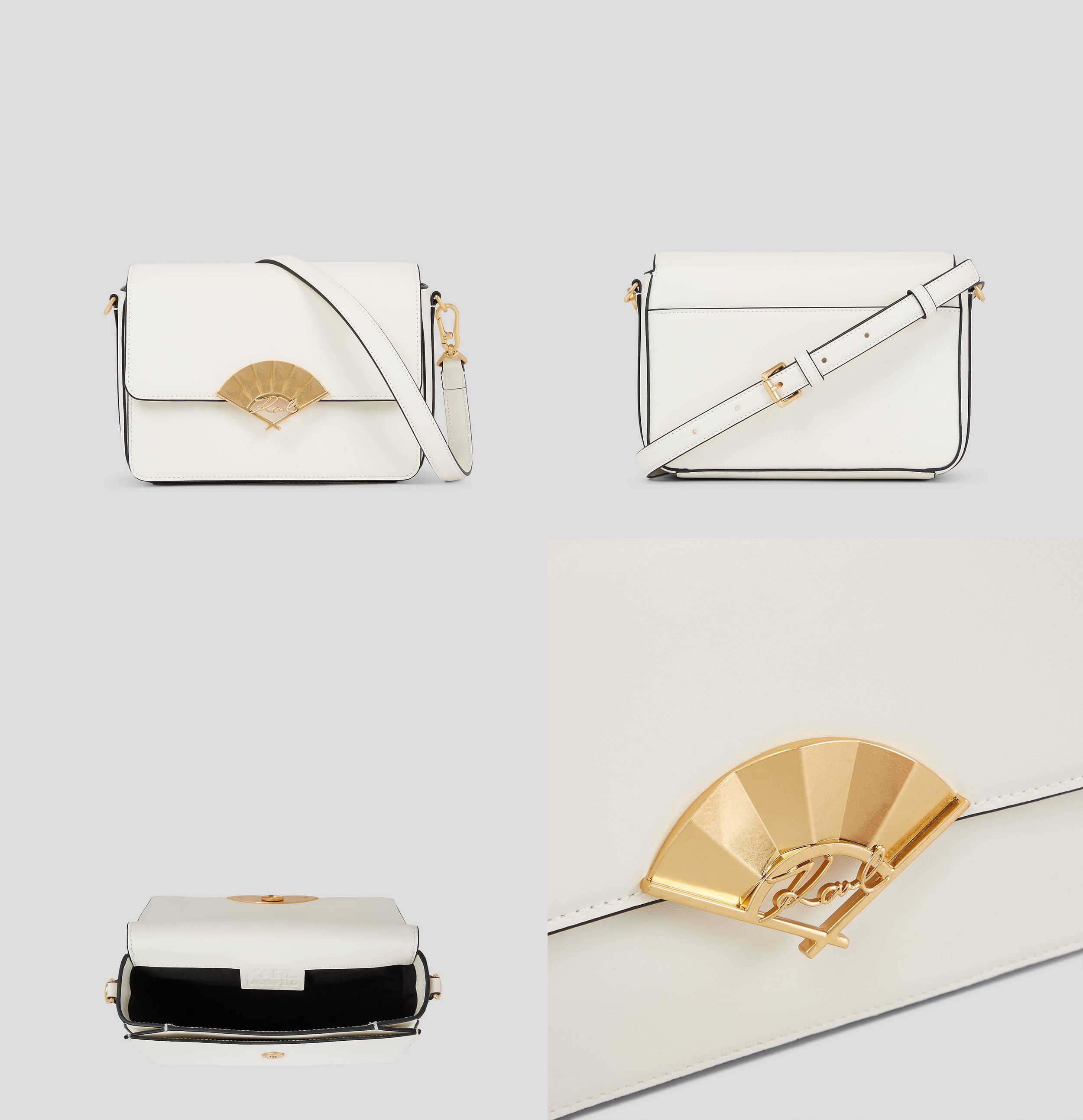 White Karl Lagerfeld shoulder bag with gold fan clasp, composite of front, side, open interior and clasp close-up