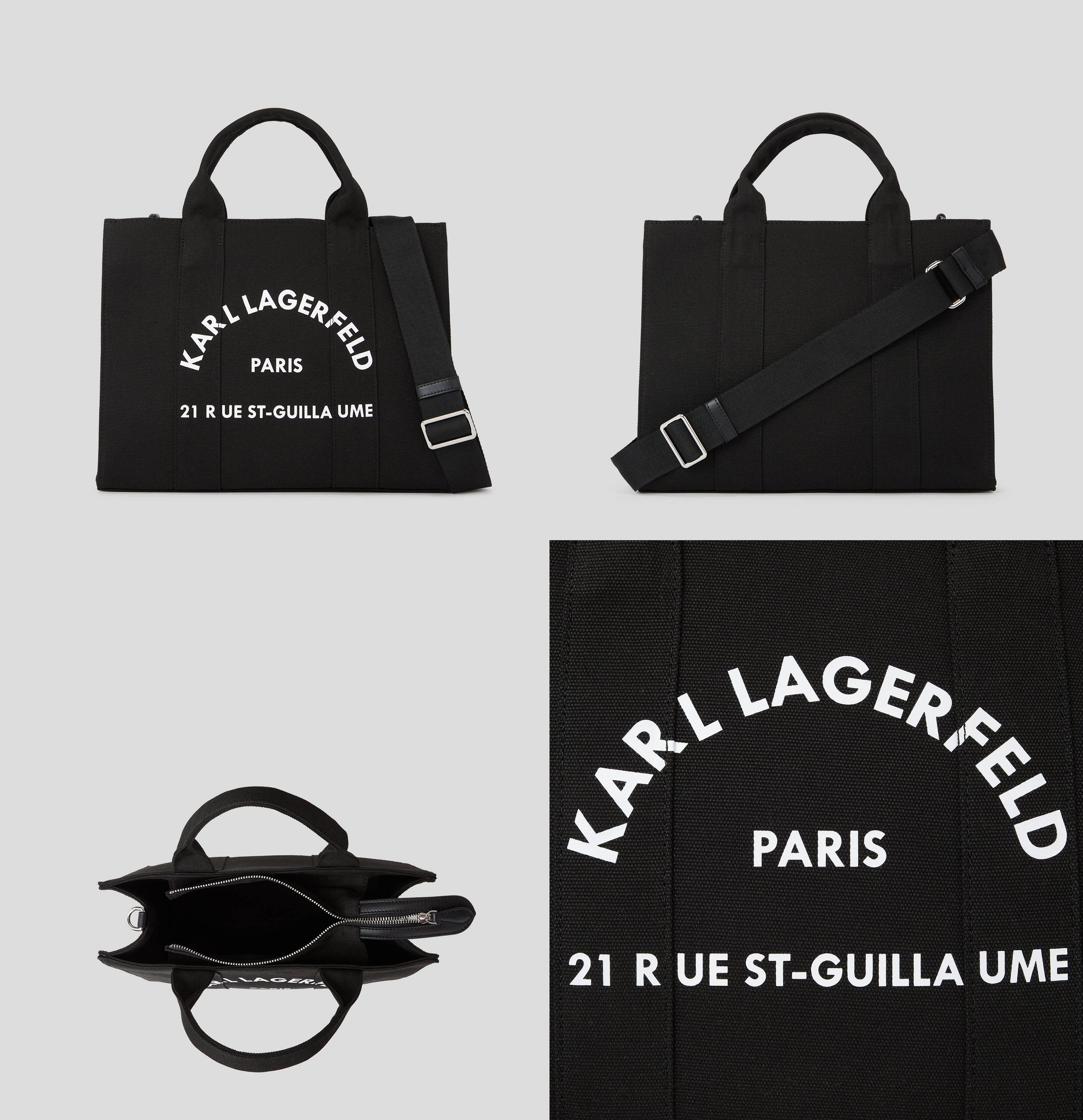 Karl Lagerfeld black canvas tote with white Paris print, composite of front, strap, top view and logo close-up