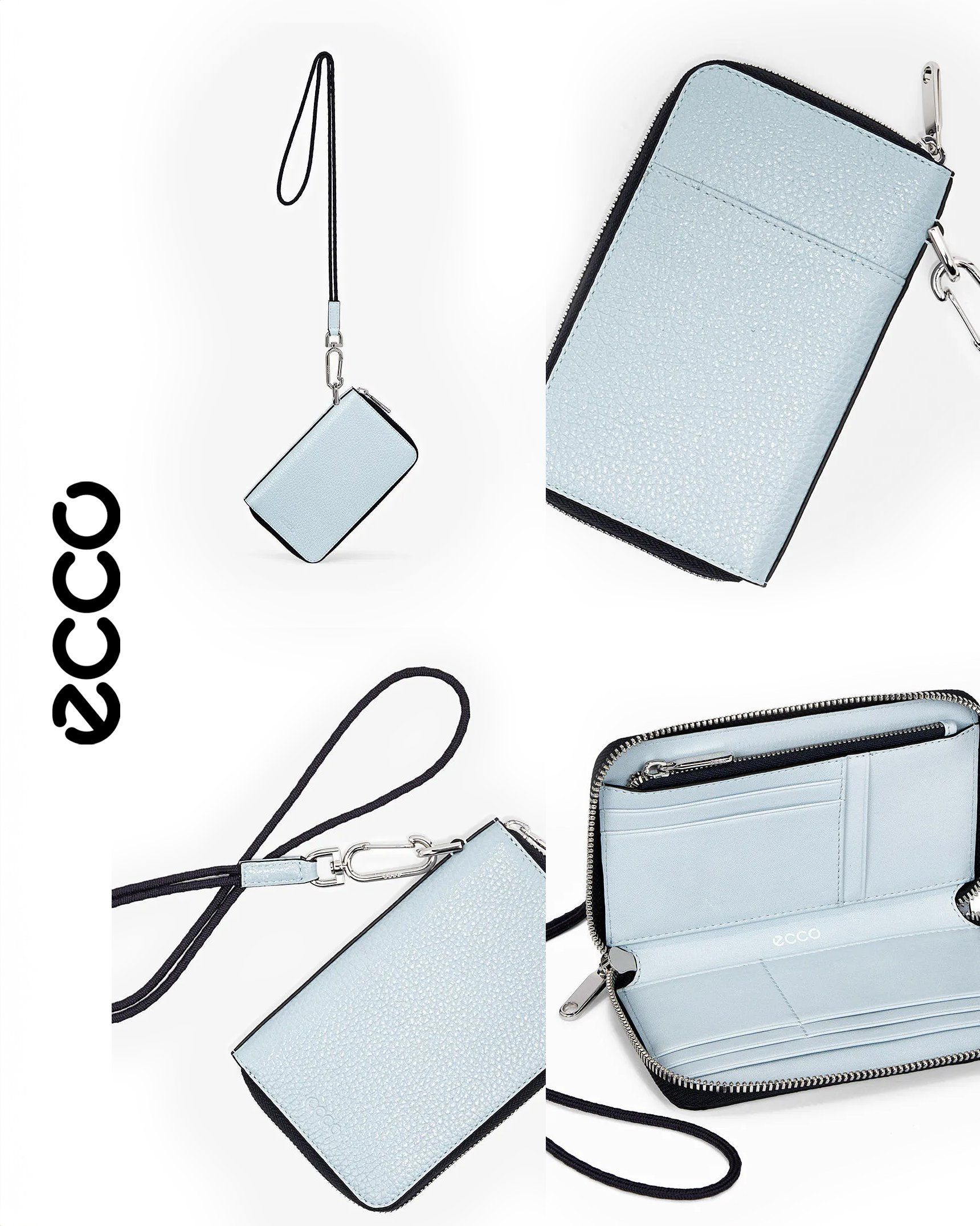 ECCO pale blue leather phone wallet with wrist strap, composite of closed and open views on white