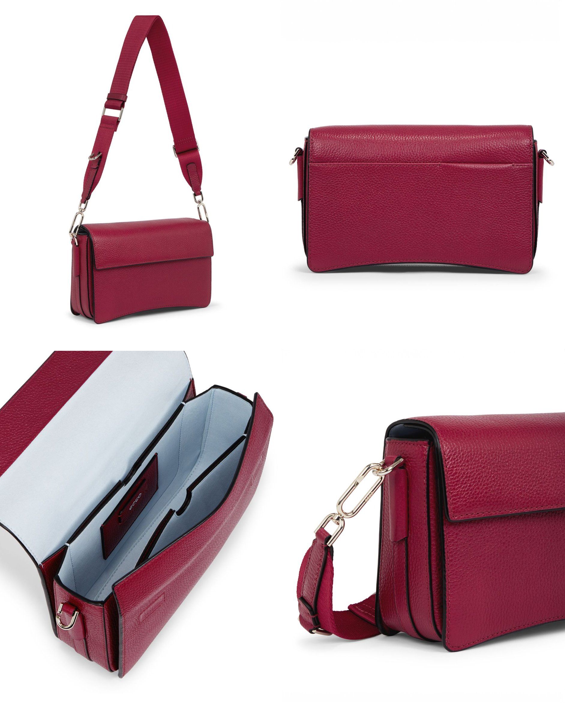 Burgundy leather crossbody bag with wide strap, composite of front, side and open light-blue interior on white