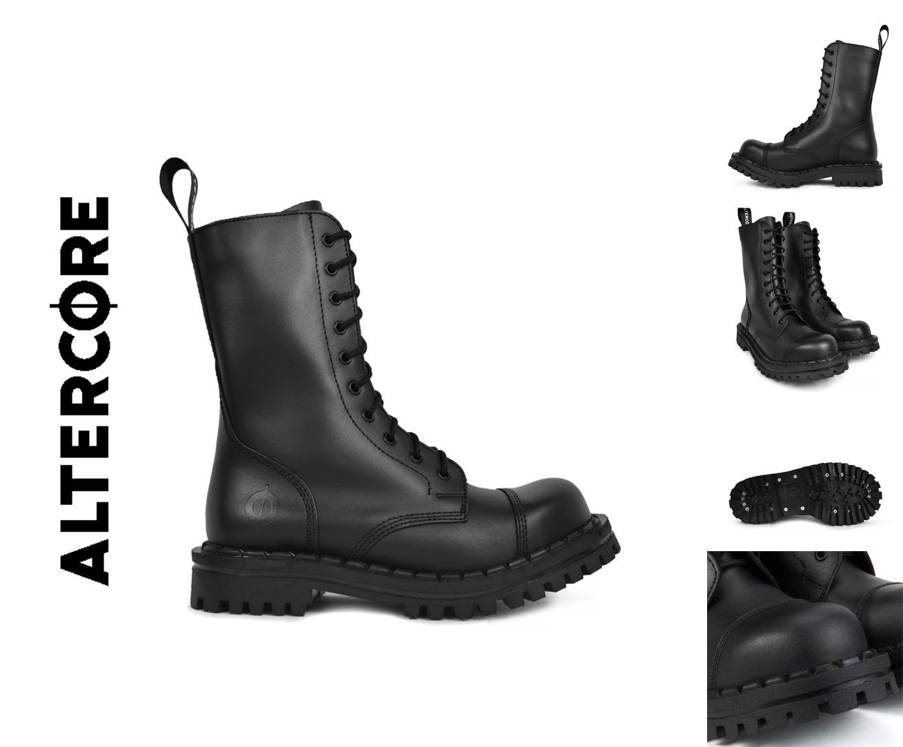 Altercore black leather lace-up combat boot with chunky sole, main view plus side, sole and detail crops on white