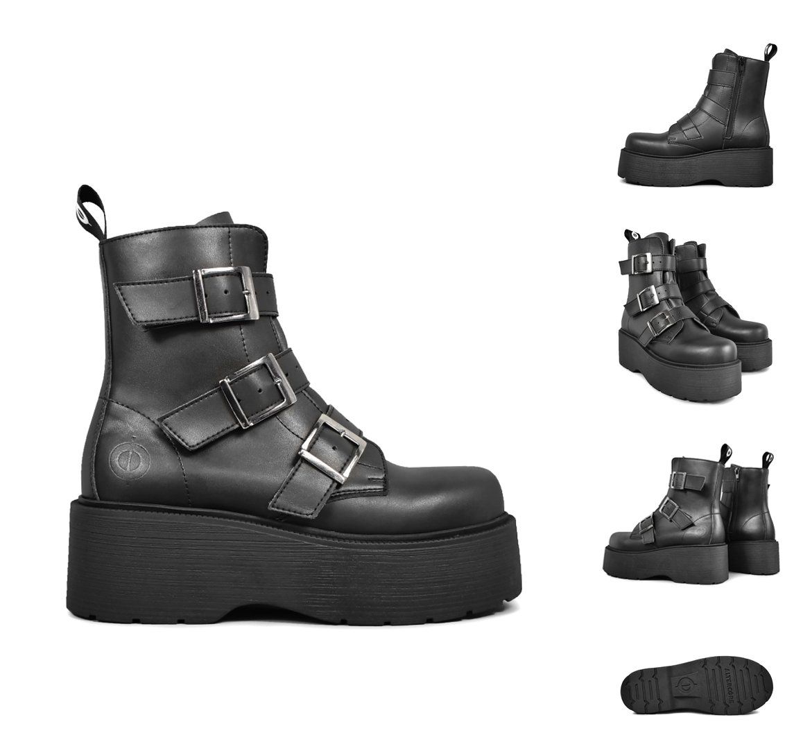 Altercore black platform boot with three buckle straps, main view plus angled and sole crops on white