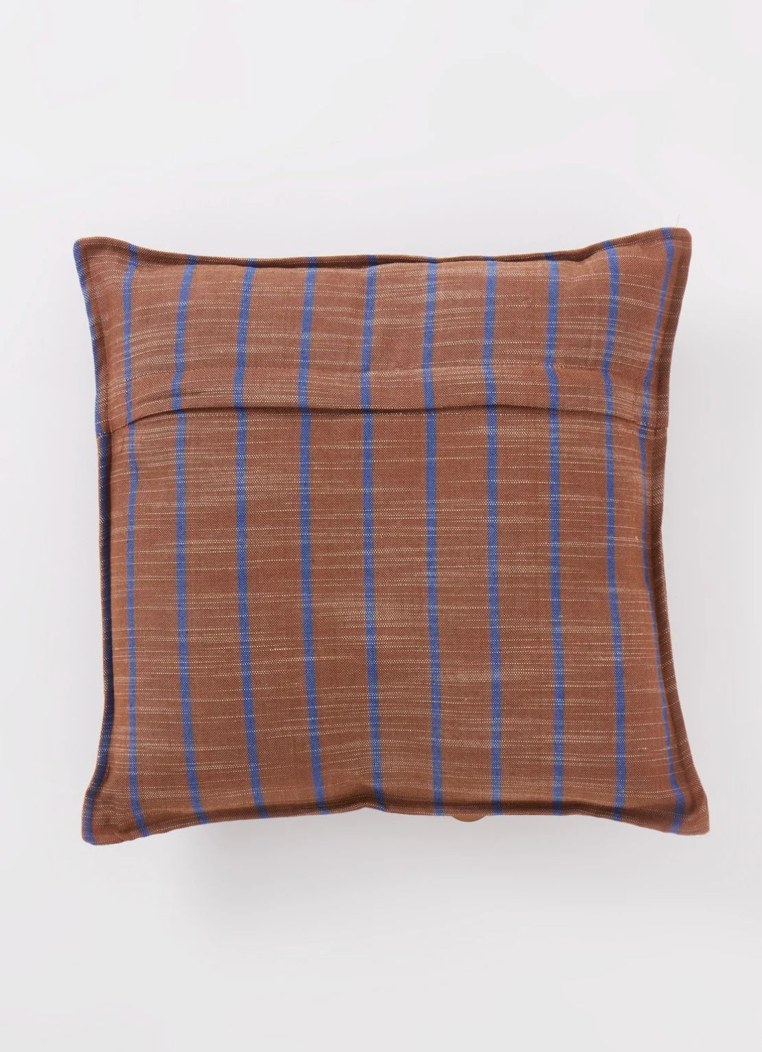 Brown cushion with blue stripes, back view with central seam, on a light grey background