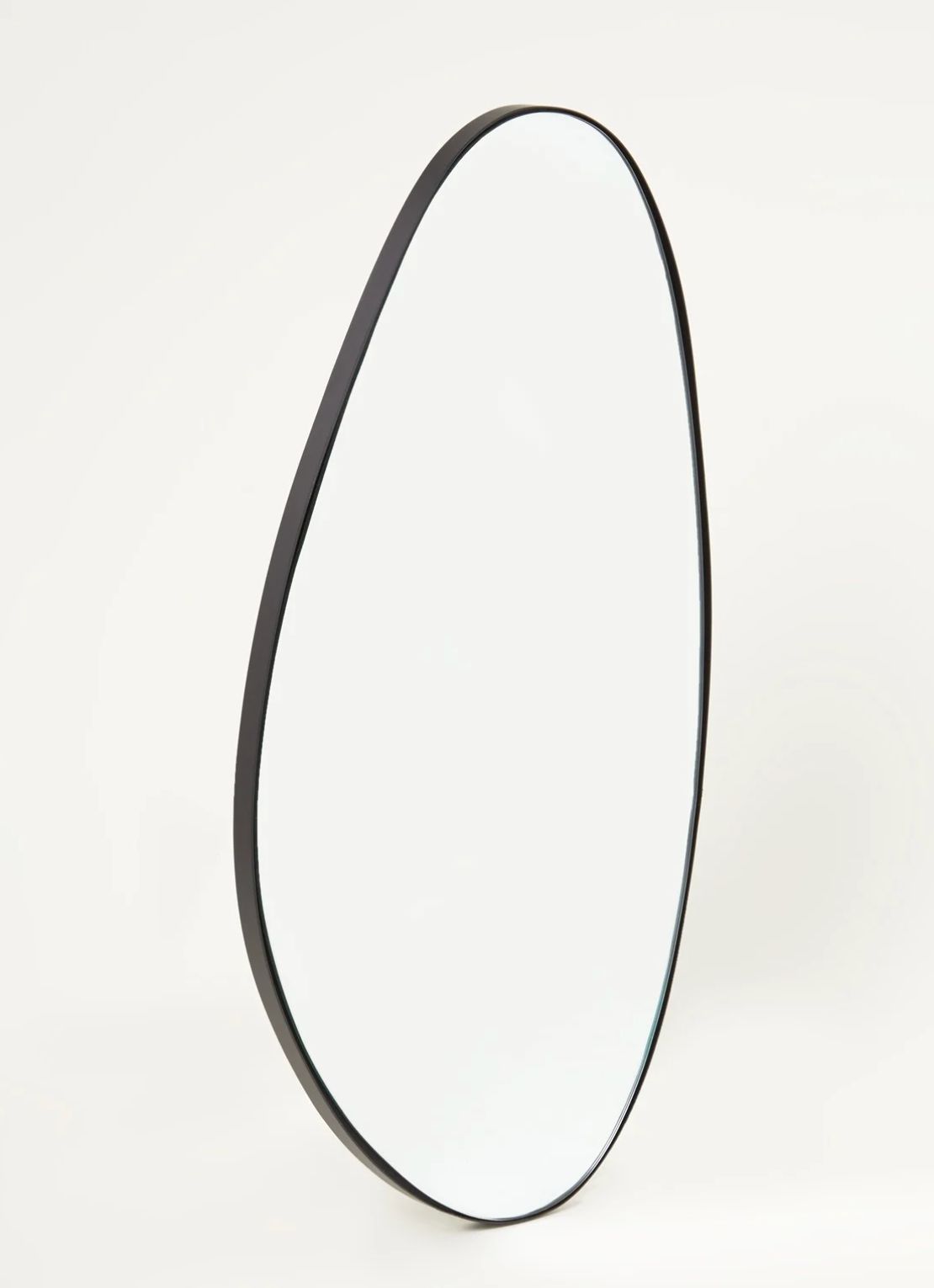 Tall oval mirror with thin black frame leaning on a light neutral background