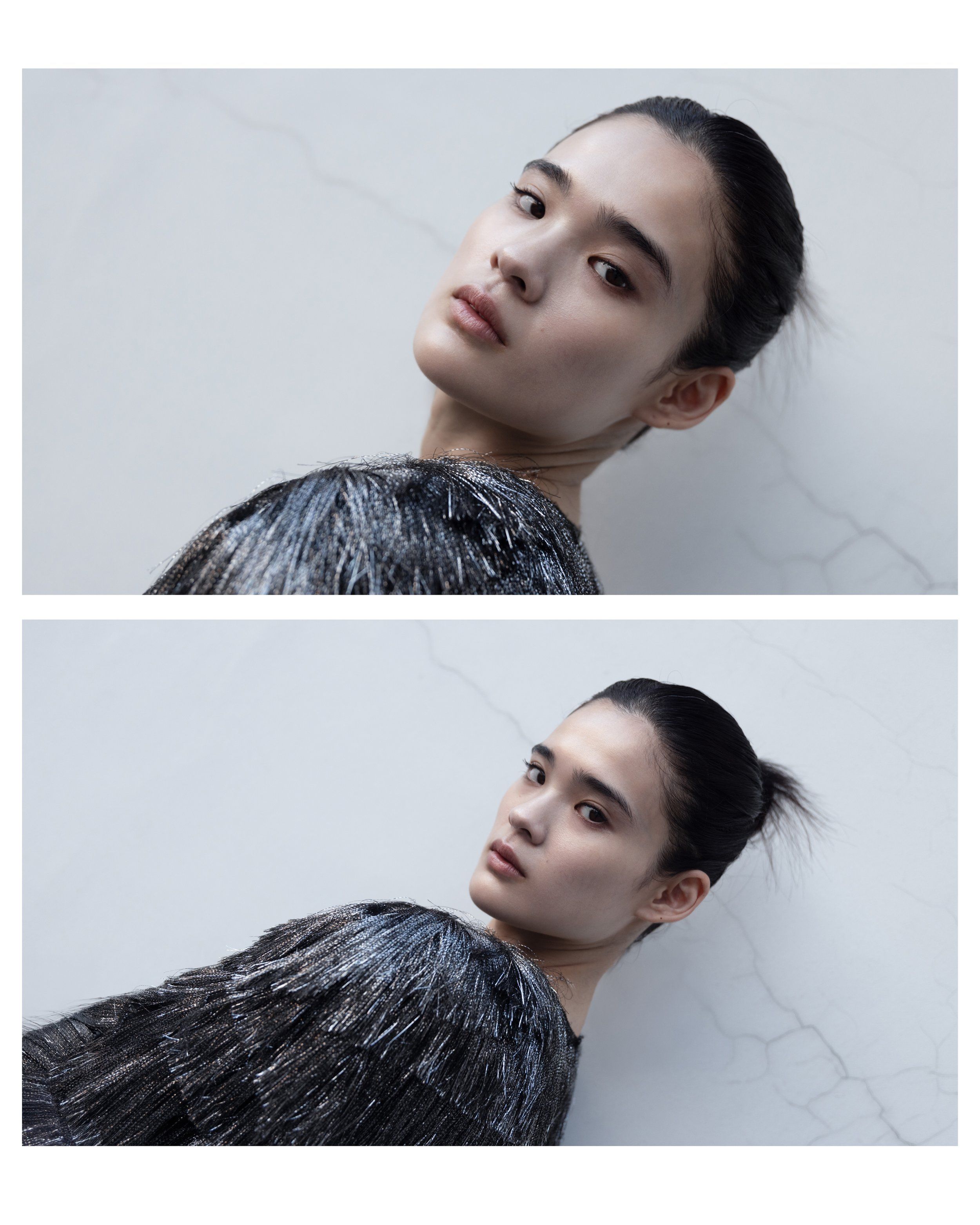 Two-panel collage of a model with slicked-back hair in a shimmering fringe garment against a cracked grey wall
