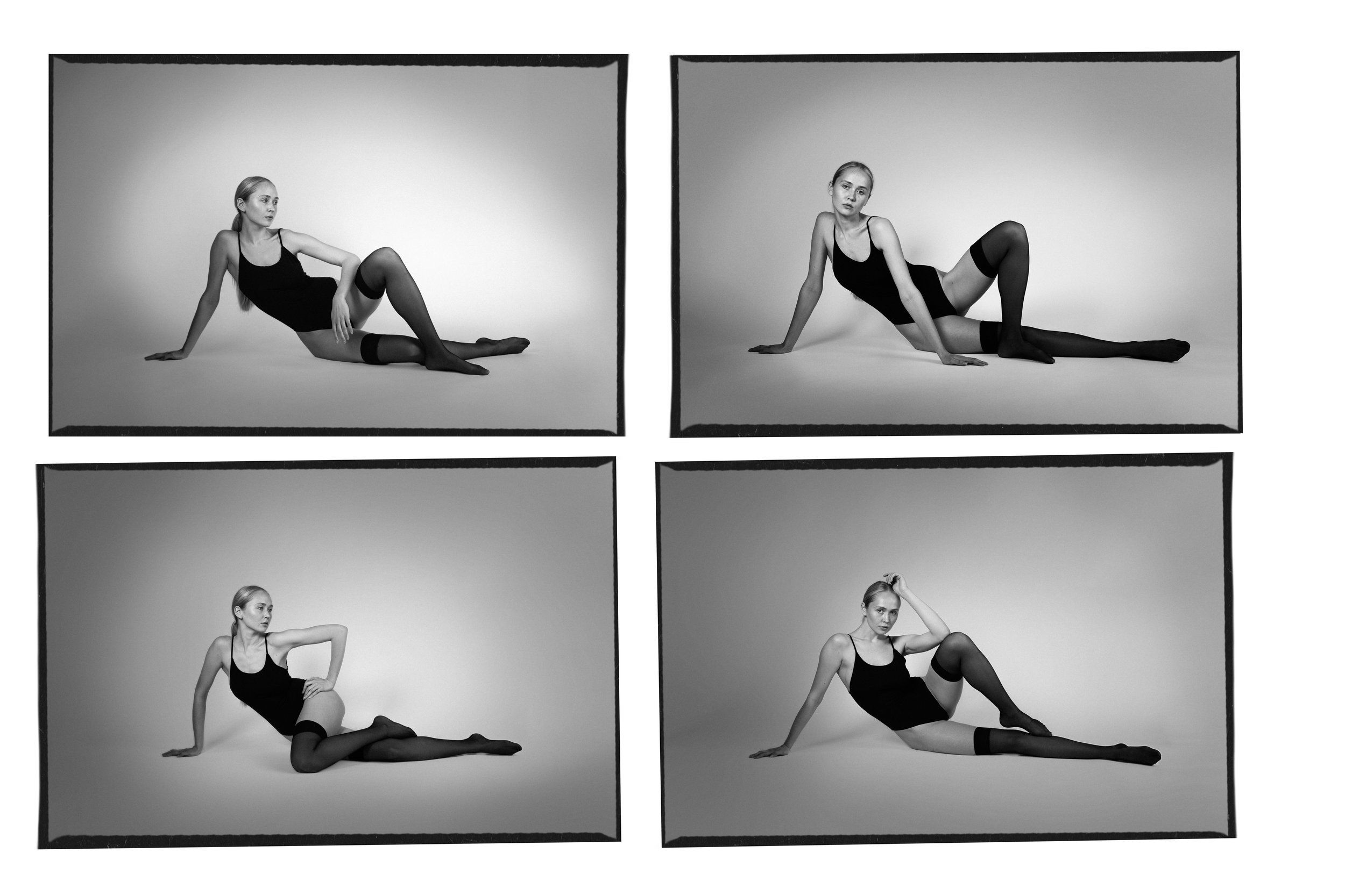 Four-panel black-and-white collage of a model in a black bodysuit and thigh-high socks posing on the floor