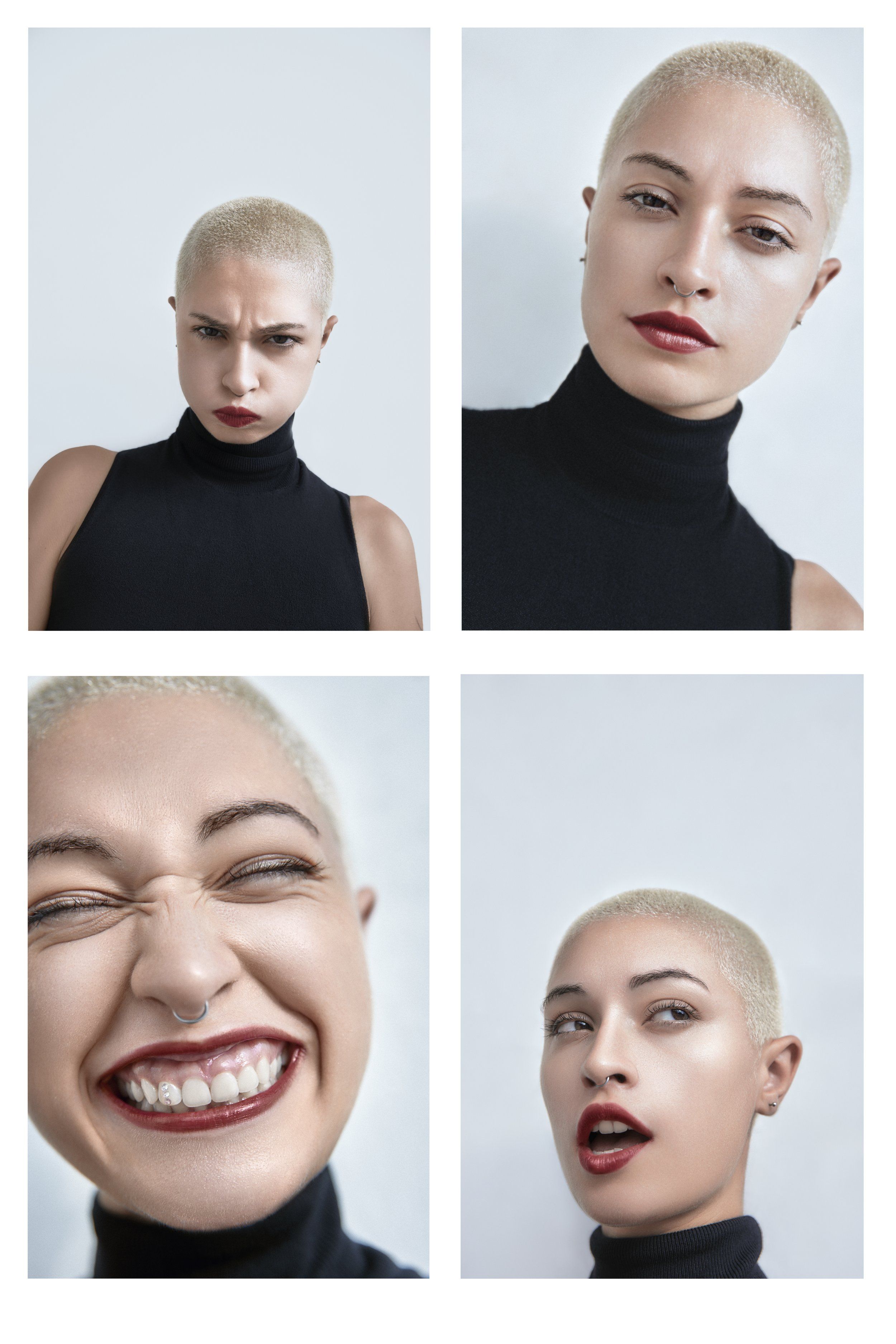 Four-panel collage of a model with bleached buzz cut and black turtleneck, expressions from stern to laughing